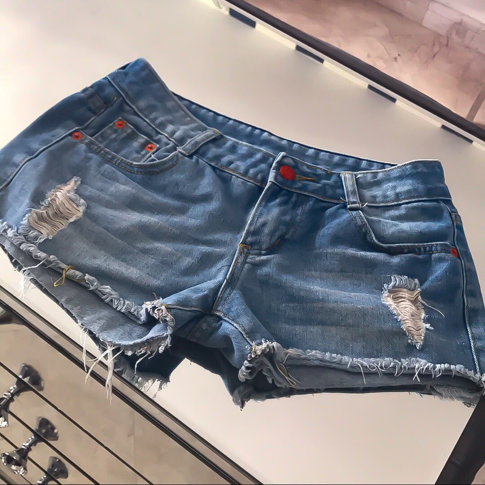 STASIA: Light Denim Jean Booty Shorts Orange Blue - Picture 2 of 2